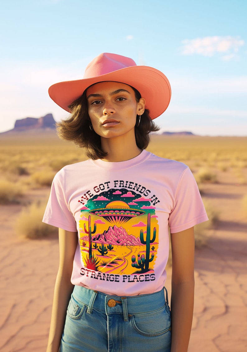 Friends In Strange Places Tee, Alien Shirt Women, Alien Cowgirl, Cowgirl Shirt For Women, UFO Shirt, X-Files T-Shirt image 1