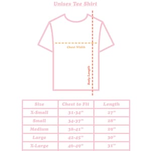 May include: A size chart for a unisex tee shirt, with measurements in inches. The chart includes sizes X-Small to 4XL, chest measurements from 31-61 inches, and lengths from 27-34 inches. The text "SIZE CHART" is at the top.