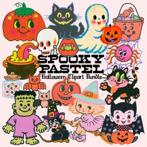 Spooky Pastel Retro Halloween Clipart Bundle (PNG), Cute Halloween Clipart, Halloween PNGs Bundle image 1