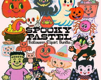 Spooky Pastel Retro Halloween Clipart Bundle (PNG), Cute Halloween Clipart, Halloween PNGs Bundle