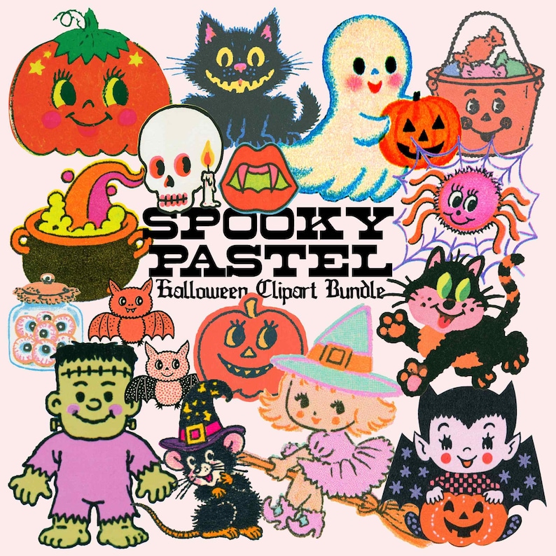Spooky Pastel Retro Halloween Clipart Bundle (PNG), Cute Halloween Clipart, Halloween PNGs Bundle image 1