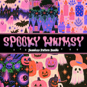 May include: A digital graphic featuring six distinct seamless patterns with a spooky theme, displaying ghosts, bats, pumpkins, candles, and castles in pink, purple, orange, and black. The text SPOOKY WHIMSY Seamless Pattern Bundle is centered.