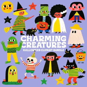 Könnte beinhalten: Ein digitales Illustrationsset mit dem Titel Charming Creatures Halloween Clipart Bundle, das eine Hexe, Frankensteins Monster, einen Vampir, ein Gespenst, ein Skelett, einen Werwolf, eine schwarze Katze, einen Grabstein, einen Kürbis und Sterne zeigt.