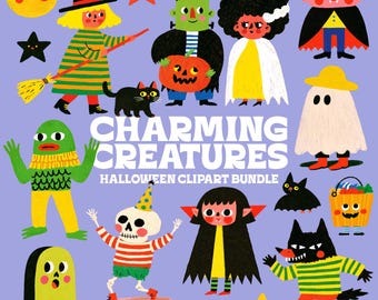 Peut inclure: Un ensemble d'illustrations numériques intitulé Charming Creatures Halloween Clipart Bundle représentant une sorcière, un monstre de Frankenstein, un vampire, un fantôme, un squelette, un loup-garou, un chat noir, une pierre tombale et des étoiles.