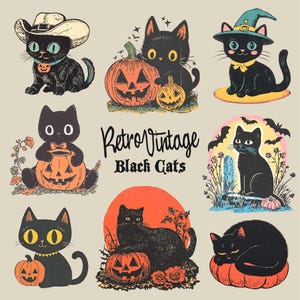 Retro Halloween Black Cat Clipart Bundle (PNG)
