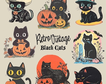 Retro Halloween Black Cat Clipart Bundle (PNG)