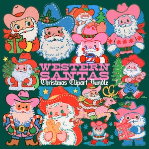 以下が含まれることがあります： WESTERN SANTAS Christmas Clipart Bundleというタイトルのデジタルグラフィックコレクション。カウボーイハットをかぶり、プレゼントやキャンディケイン、ジンジャーブレッドクッキーを持ったサンタクロースのイラストが、ダークグリーンの背景に複数描かれています。