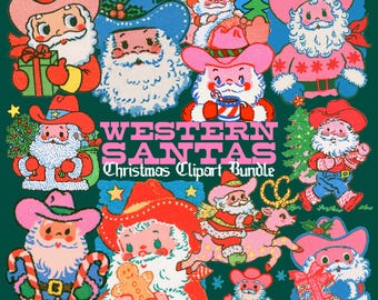 Peut inclure: Une collection graphique numérique intitulée WESTERN SANTAS Christmas Clipart Bundle présentant plusieurs illustrations de pères Noël portant des chapeaux de cow-boy, tenant des cadeaux, des sucres d'orge et des biscuits sur un fond vert foncé.