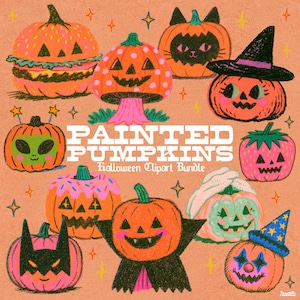 May include: A digital illustration featuring various orange pumpkins decorated for Halloween, including a burger, a mushroom, a cat, a witch, an alien, a strawberry, a donut, a vampire, a ghost, and a clown. The text reads PAINTED PUMPKINS Halloween Clipart Bundle.