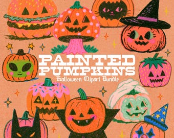 Painted Pumpkins Retro Halloween Clipart Bundle (PNG), Cute Halloween Clipart, Halloween PNGs Bundle, Jack-O-Lantern PNG