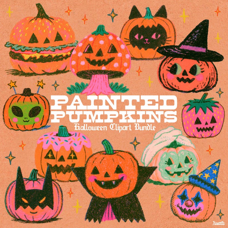May include: A digital illustration featuring various orange pumpkins decorated for Halloween, including a burger, a mushroom, a cat, a witch, an alien, a strawberry, a donut, a vampire, a ghost, and a clown. The text reads PAINTED PUMPKINS Halloween Clipart Bundle.