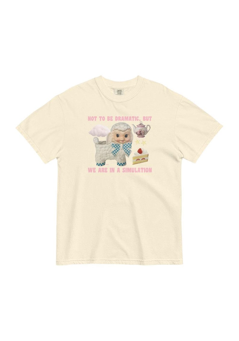 May include: A cream-coloured t-shirt with a pink graphic of a white lamb, a cloud, a teapot, and a strawberry cake. The text "NOT TO BE DRAMATIC, BUT WE ARE IN A SIMULATION" is printed in pink below the graphic.