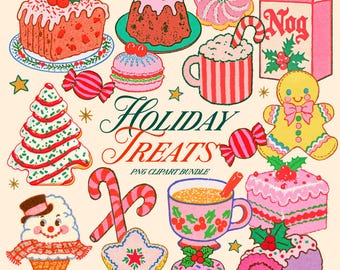 Peut inclure: Une collection d'illustrations sur le thème des fêtes comprenant des gâteaux, des biscuits, un bonhomme en pain d'épices, des sucres d'orge, un mug de cacao et une brique marquée Nog. Le texte indique Holiday Treats PNG Clipart Bundle.