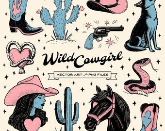 Wild Cowgirl Clipart Bundle: Hand-Drawn Western PNG SVG (Digital Download)