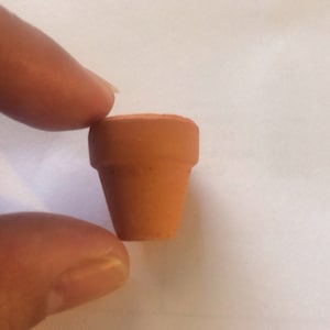 May include: A small terracotta flower pot, approximately 1 inch in diameter, is held between two fingers.