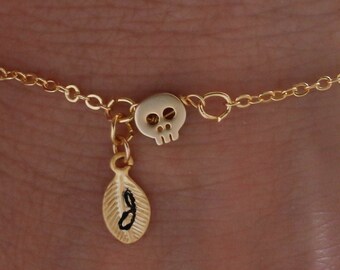 Tiny skull bracelet. gold skull necklace. skull jewelry. personalized jewelry. handstamp initial bracelet.