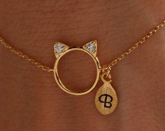 cat bracelet. cat necklace. cat jewelry. personalized jewelry. handstamp initial bracelet.gold filled bracelet.