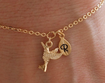 hummingbird bracelet. hummingbird necklace. hummingbird jewelry. personalized jewelry. handstamp initial bracelet. gold filled bracelet.