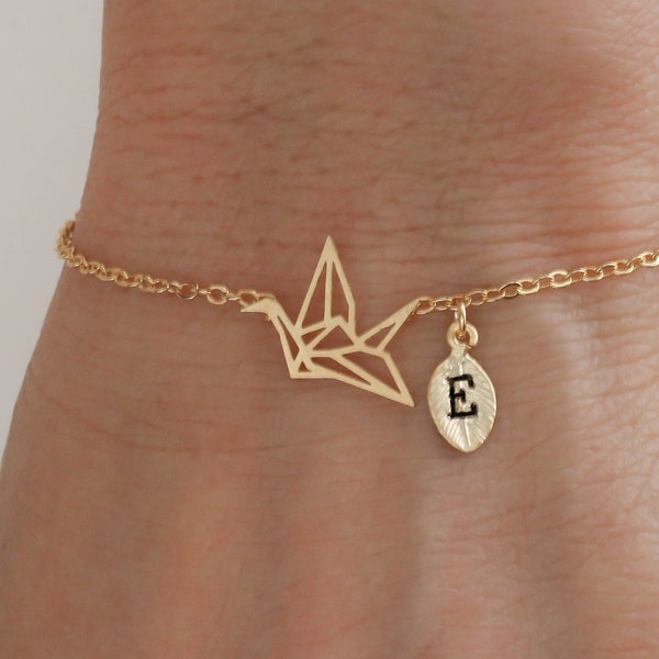 Crane bracelet. origami crane jewelry. custom bracelet. personalized jewelry. handstamp initial bracelet.gold filled bracelet.