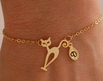 Cat bracelet. cat necklace. cat jewelry. personalized jewelry. handstamp initial bracelet.gold filled bracelet.