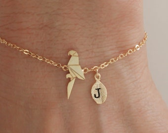 Origami parrot bracelet. parrot jewelry. custom bracelet. personalized jewelry. handstamp initial bracelet.gold filled bracelet.