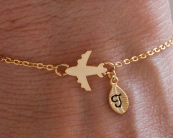 gold airplane bracelet. airplane necklace. airplane jewelry. personalized jewelry. handstamp initial bracelet.personalized bracelet.