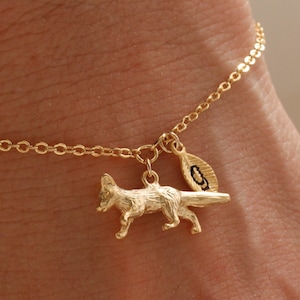 fox charm bracelet. fox necklace. fox jewelry. personalized jewelry. handstamp initial bracelet. gold filled bracelet.