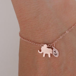 rose gold elephant bracelet. elephant jewelry. custom bracelet. personalized jewelry. handstamp initial bracelet.gold filled bracelet.