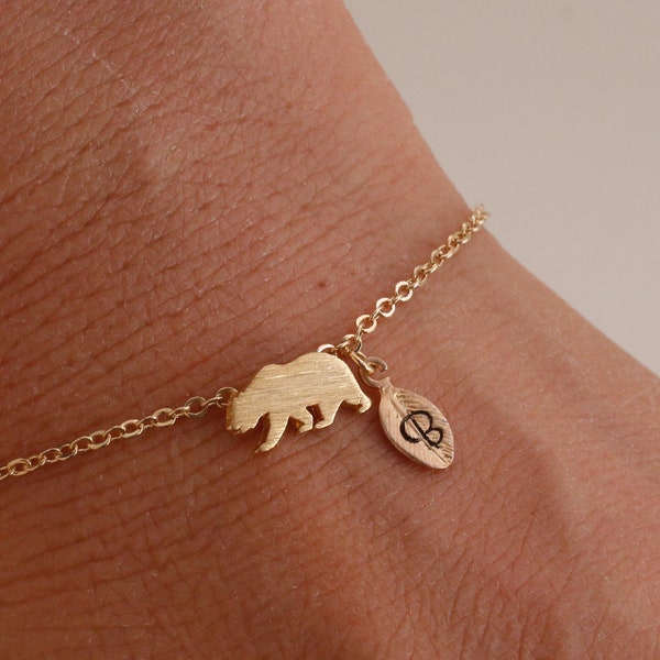 rose gold bear bracelet. bear jewelry. custom bracelet. personalized jewelry. handstamp initial bracelet.gold filled bracelet.