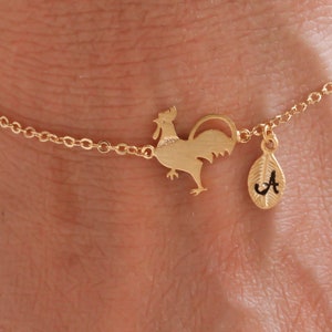 gold rooster bracelet. rooster necklace. rooster jewelry. animal jewelry. handstamp initial bracelet.