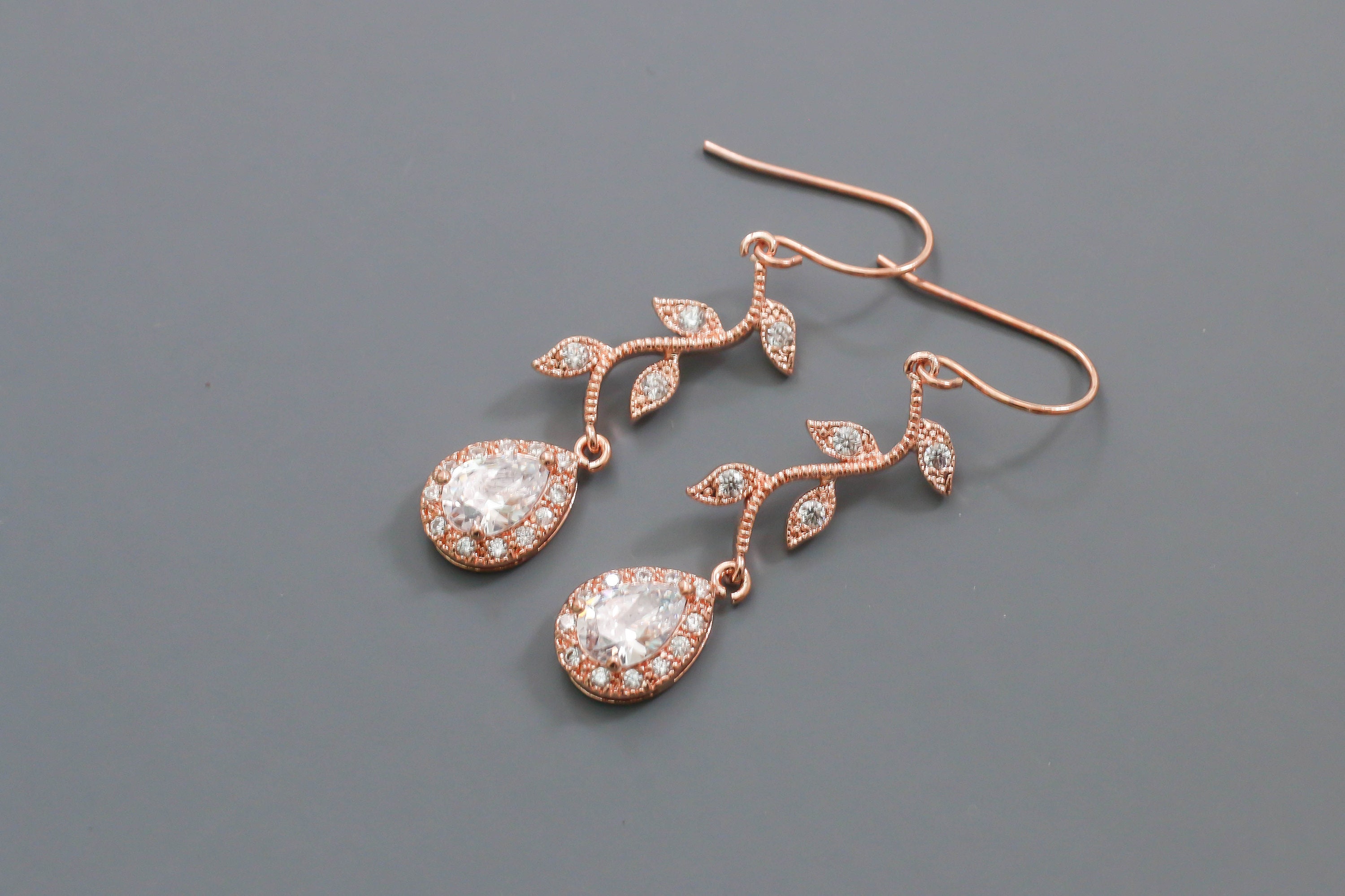 Rose Gold Earrings. Leaf Drop Earrings. Cubic Zirconiabridal Etsy Canada