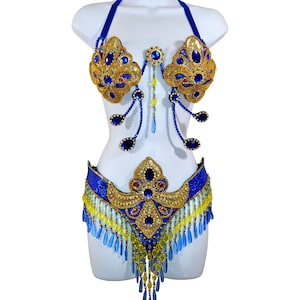 Samba Bra bikini brazilian set  Blue/Gold  Belly dance carnival costume Waistband BRA /Cabaret/Show girl/ feathers/CUSTOM made