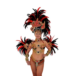 Samba rouge/noir/or brésilien Rio carnaval SAMBA danse COSTUME bikini/spectacle fille/plumes/strass/strass