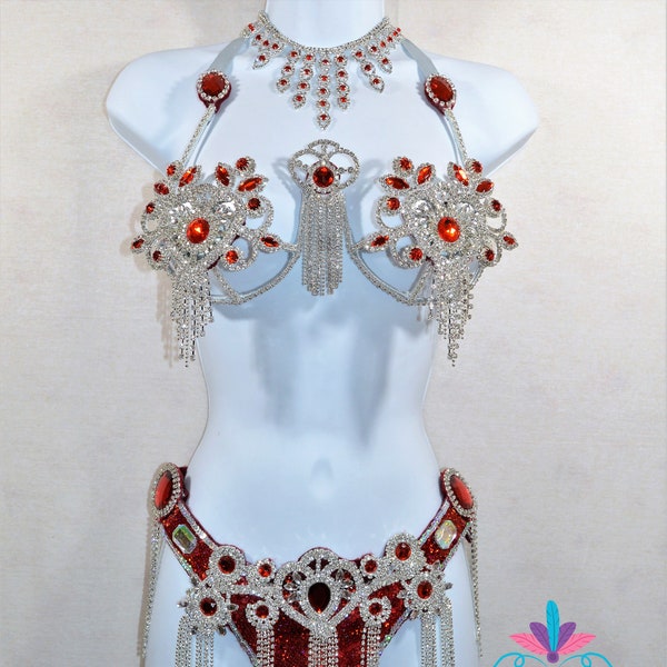 Samba Bra Bikini  Set with necklace Crystals  /Orientale/Belly Dance/carnival SAMBA costume Waistband BRA /Cabaret/Show girl/CUSTOM made