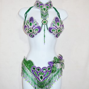 Samba bra bikini + necklace collar/Green Purple silver/Belly Dance/ Rio carnival /Cabaret/Show girl/CUSTOM made