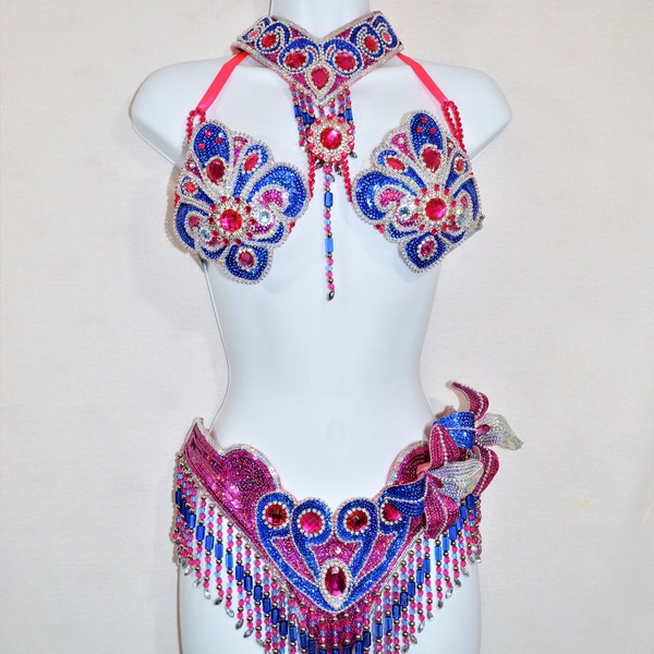 Samba soutien-gorge bikini + collier col/Rose Bleu Argent/Danse du ventre/ Carnaval de Rio /Cabaret/Show girl/SUR MESURE