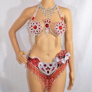 Showgirl Rot Samba BH Bikini Kostüm Set/ Kristalle /Orientalisch/Bauchtanz/Karneval SAMBA Kostüm Bund BRA /Cabaret