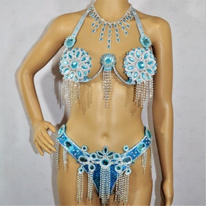Samba Bra Bikini Set Turkus Srebrny z naszyjnikiem Kryształy /Orientale/Belly Dance/Carnival Strój SAMBA Pas Biustonosz /Cabaret/Show girl