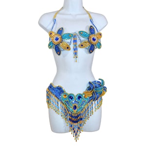 Samba Show girl Bra bikini brazilian Blue/Gold set Belly dance carnival costume Waistband BRA /Cabaret/ feathers/CUSTOM made