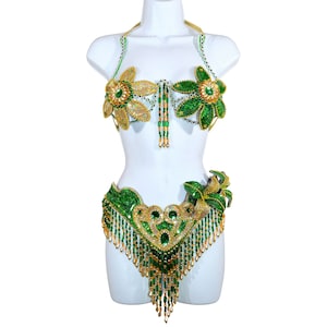 Samba Show girl Bra bikini brazilian Green/Gold set Belly dance carnival costume Waistband BRA /Cabaret/ feathers/CUSTOM made