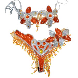 Samba Show girl Bra bikini brésilien Orange / Argent set Belly dance costume de carnaval Ceinture BRA / Cabaret / plumes / SUR MESURE