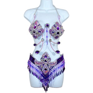 Samba Bra bikini brazilian set  Purple/Silver  Belly dance carnival costume Waistband BRA /Cabaret/Show girl/ feathers/CUSTOM made