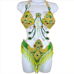 Show girl Samba Bra bikini brazilian Green/Gold set Belly dance carnival costume Waistband BRA /Cabaret/ feathers/CUSTOM made