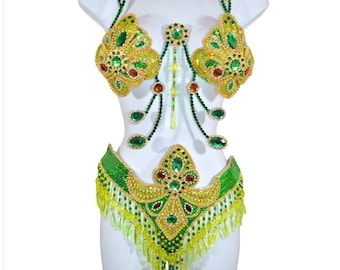 Show girl Samba Bra bikini brazilian Green/Gold set Belly dance Carnival costume Waistband BRA /Cabaret/ feathers/CUSTOM made