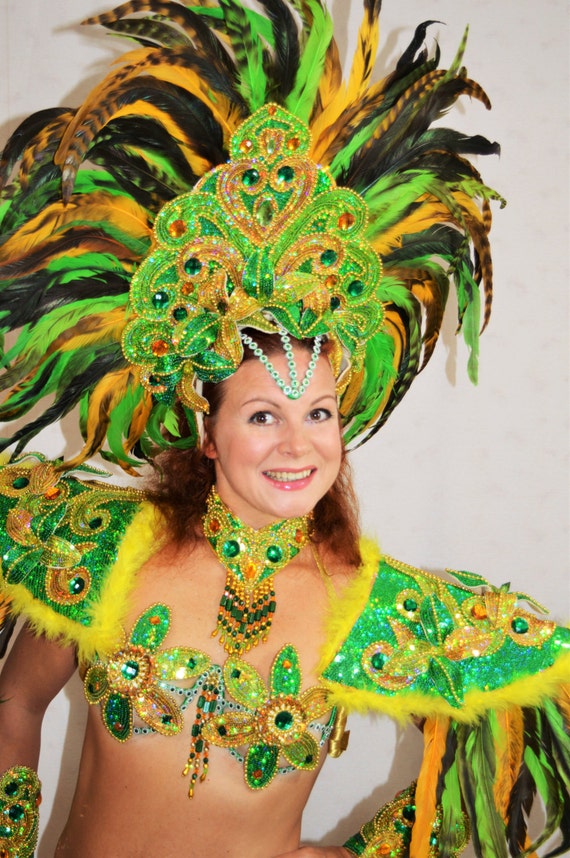 Three beautiful women in traditional brazilian carnival costumes