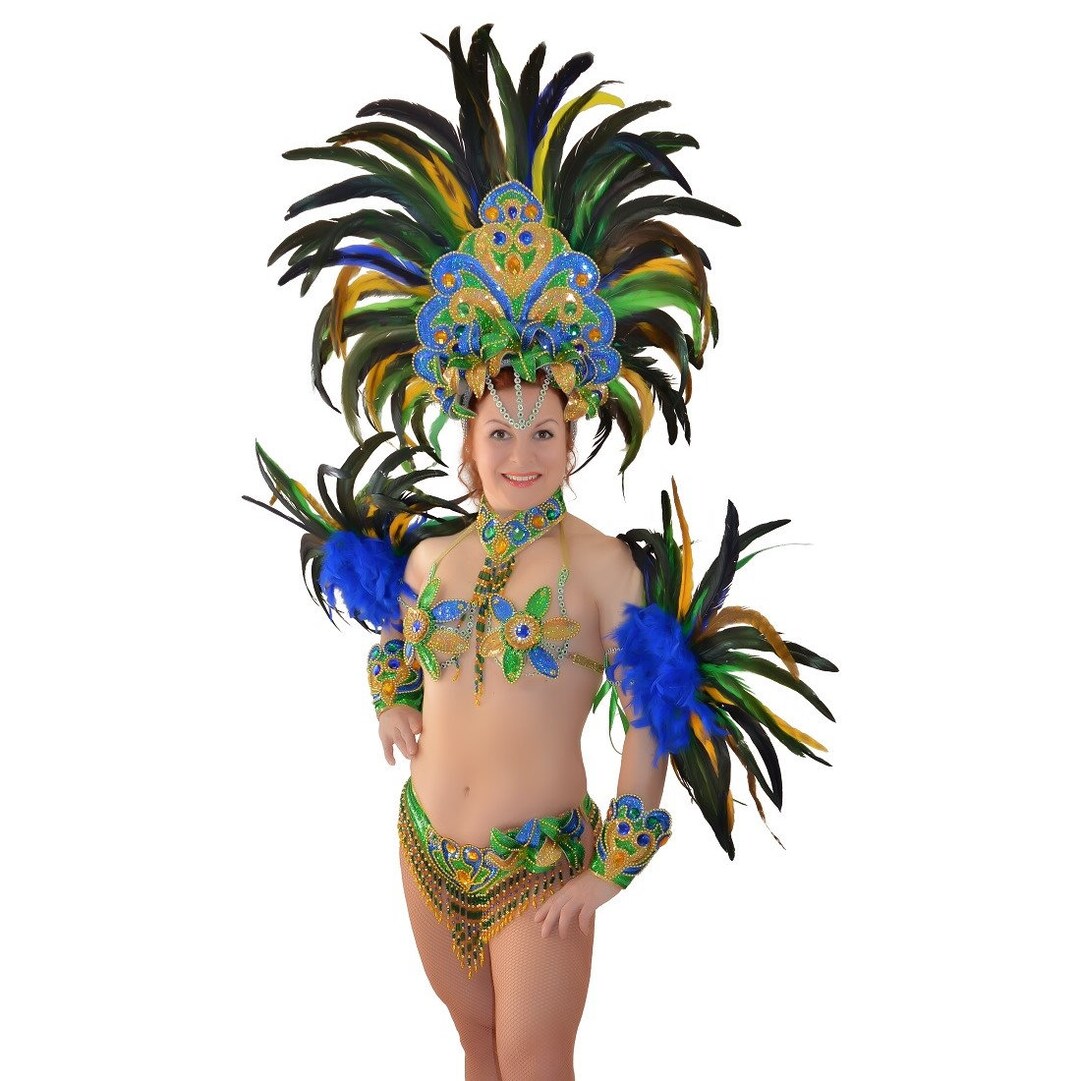 Neon Green Carnival Samba Feather Bra & Skirt Set