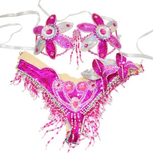 Samba Show girl Bra bikini brazilian Pink/Silver set Belly dance carnival costume Waistband BRA /Cabaret/ feathers/CUSTOM made