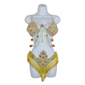 Show Mädchen Samba BH Bikini brasilianische Gelb/Gold Set Bauchtanz Karneval Kostüm Bund BH /Cabaret/ Federn/CUSTOM made