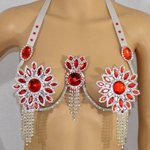 Samba showgirl red Bra Crystal   Rhinestones  costume carnival BRAZILIAN Samba CABARET belly dance Burlesque