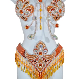 Show girl Samba Bra bikini brazilian Orange/Silver set Belly dance Carnival costume Waistband BRA /Cabaret/ feathers/CUSTOM made